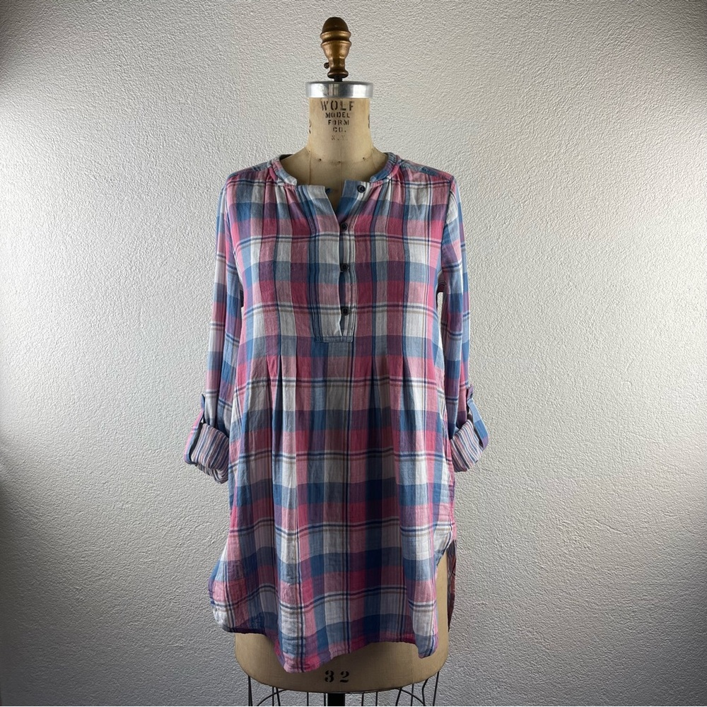 Anthropologie l 2 Holding Horses Plaid Stripe Cuff Tab Sleeve High Low Tunic Top